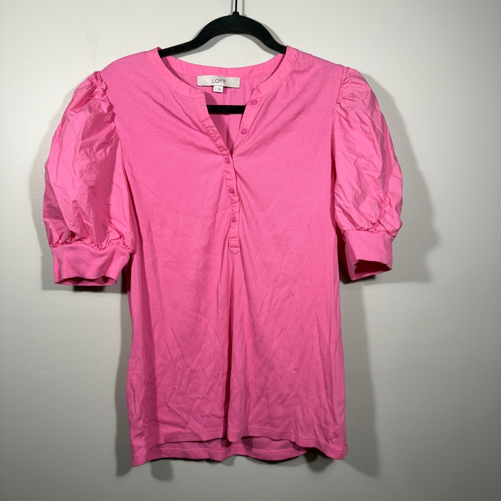 LOFT Pink Puff Short Sleeve‎ Button Down Ribbed Knit Top Blouse